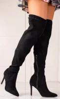 Високи черни дамски велурени ботуши над коляното SMALL SWAN SUEDE